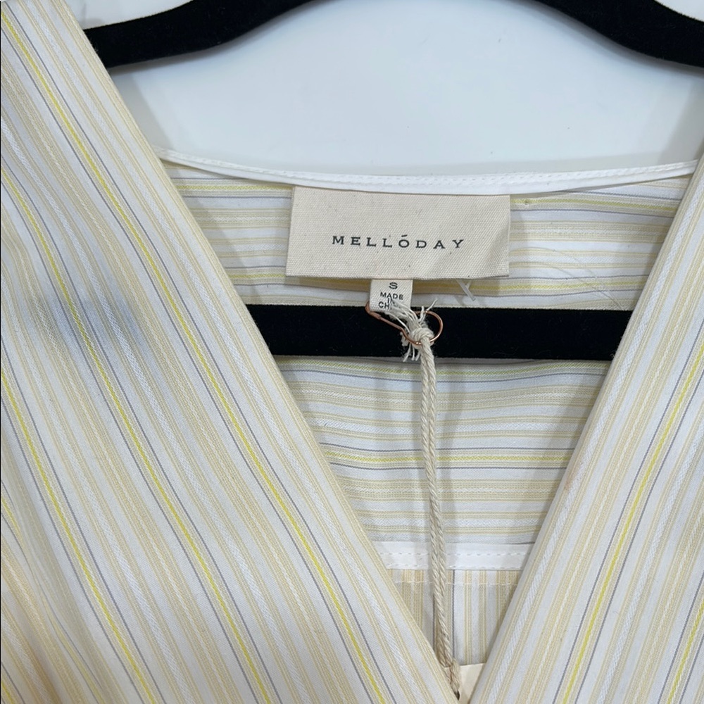 MELLODAY V-Neck Blouse with Yellow and Blue Stripes